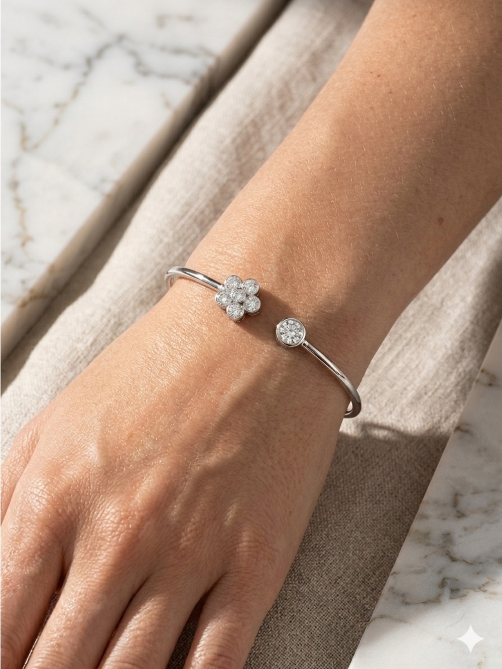 S925 Moissanite Flower Open Bangle Bracelet - Picture 2 of 6